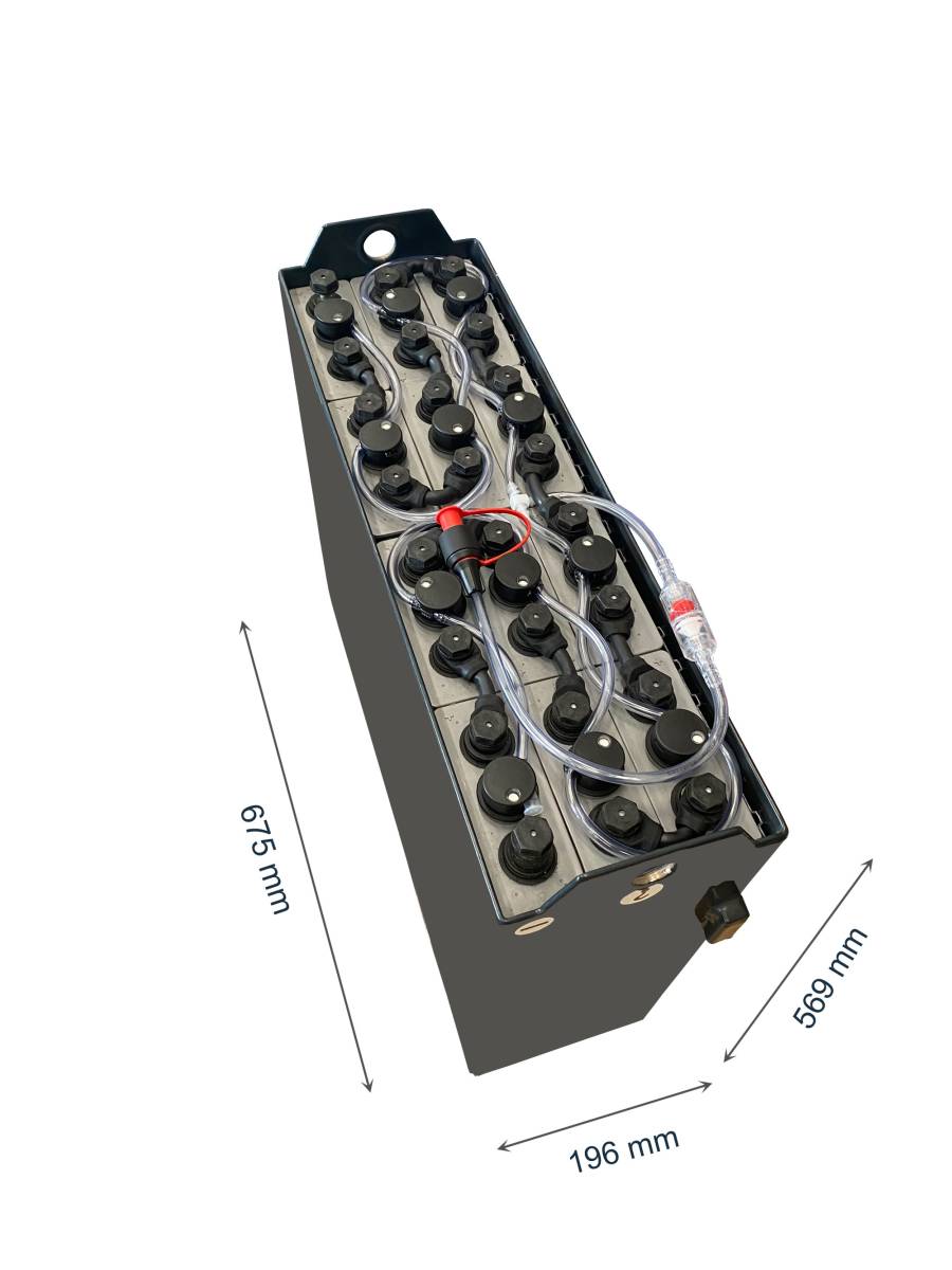 24V Gabelstaplerbatterie 3 PzB 225 Ah (643/673 * 194 * 568mm L/B/H) Trog 57314054 inkl. Aquamatik