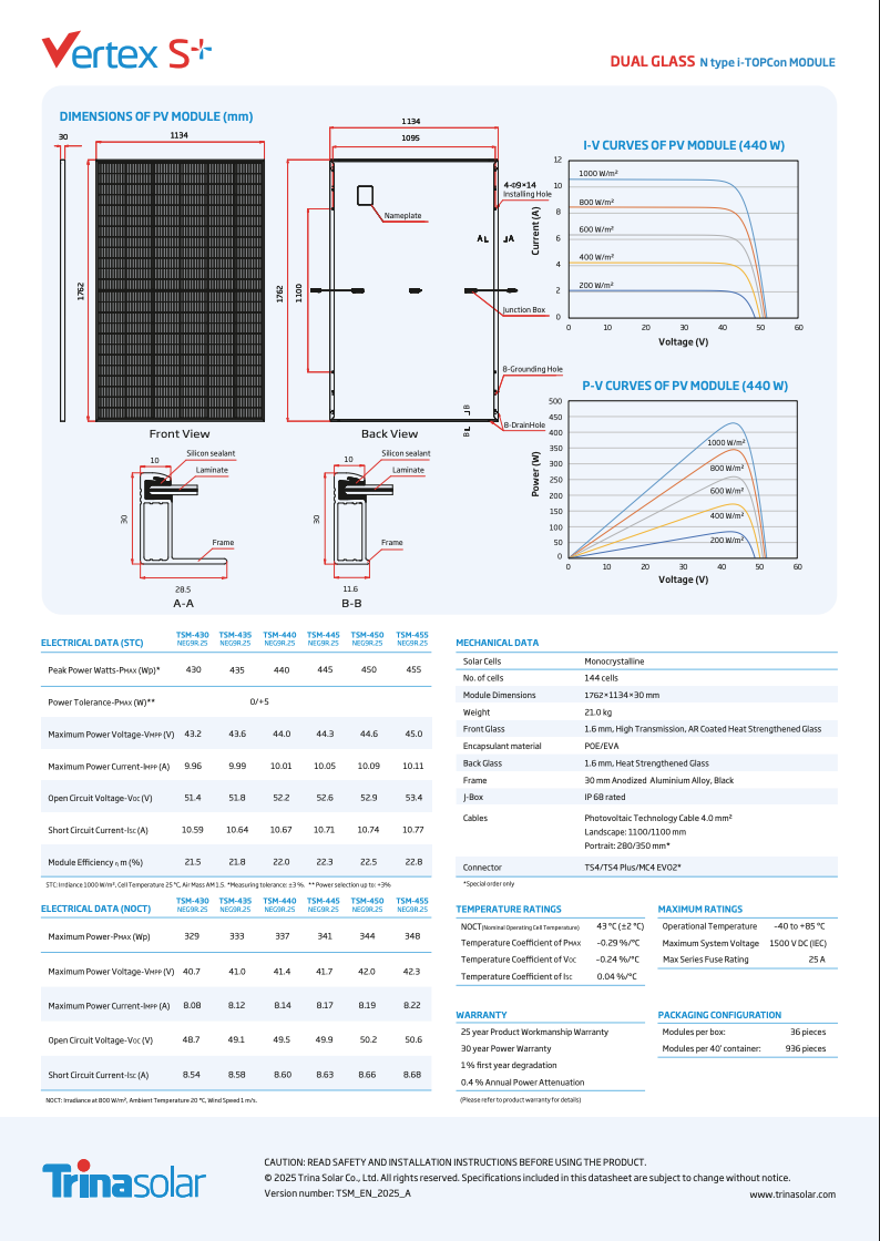 Trina Solar 455W Vertex S+ Duall Glass N-Type i-TOPCon Solar Module – Full Black