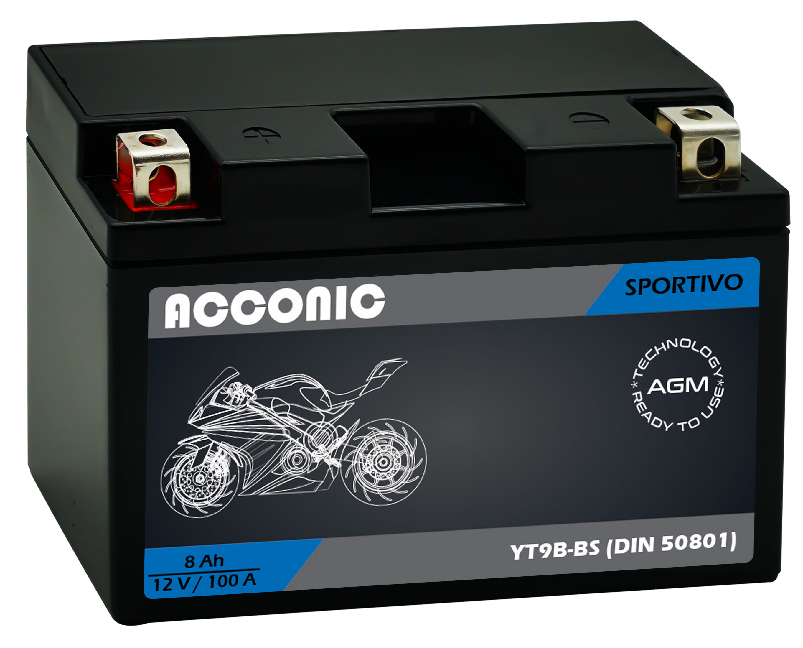 ACCONIC Sportivo AGM YT9B-BS Motorradbatterie 8 Ah 12V (DIN 50801)