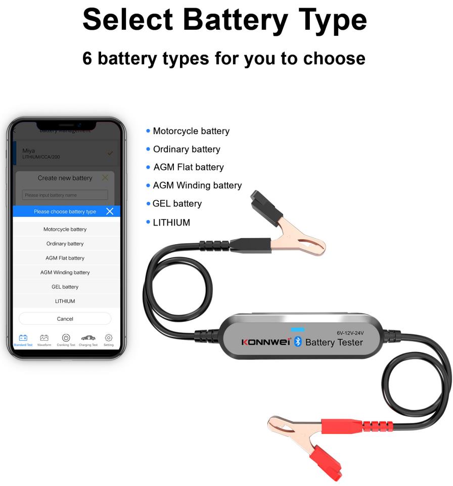 Bluetooth Batterietester für Auto, Motorrad und LKW KONNWEI BK200 6V/12V/24V – Bild 4