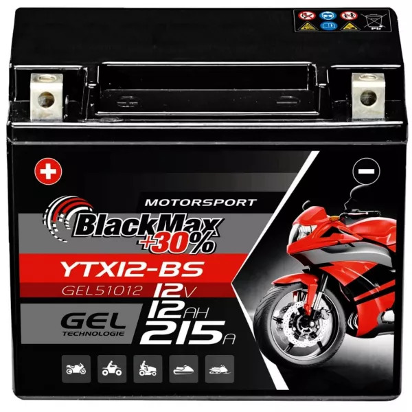 YTX12-BS Motorradbatterie 12V 12Ah BlackMax Gel CTX12-BS (DIN 51012)