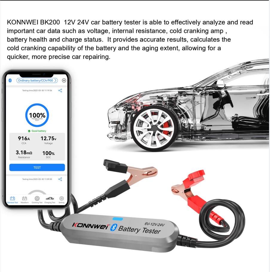 Bluetooth Batterietester für Auto, Motorrad und LKW KONNWEI BK200 6V/12V/24V – Bild 5