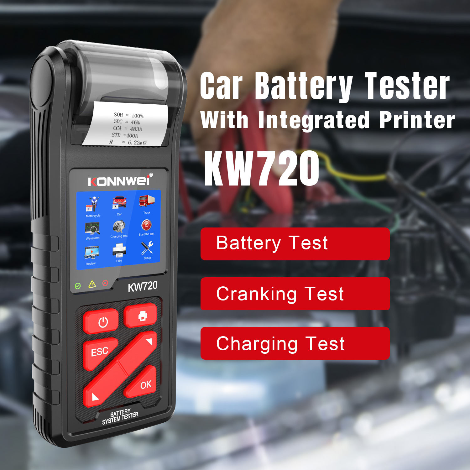 KONNWEI Batterietester KW720 für 6V/12V/24V mit integriertem Drucker – Bild 3
